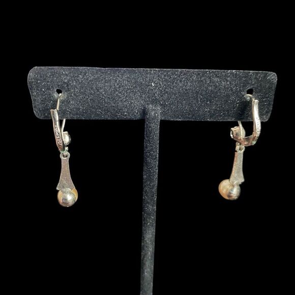 Vintage Earrings Germany Dangle Pierced Simulated Pearl Clear Rhinestones 1-1/4" - Picture 4 of 4